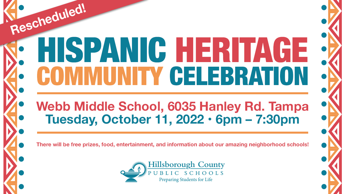 Join us for a Hispanic Heritage Community Celebration taking place at <a href="/webbmiddle/">Webb Middle School</a> on Tues. 10/11 at 6 pm.
This will be a fun night filled with food, prizes, entertainment, and an opportunity to learn about some of the amazing schools in our district!