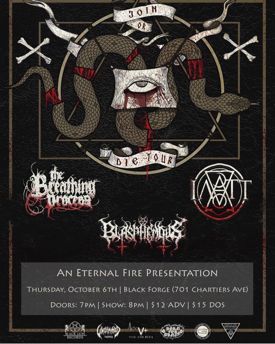 Blasphemousband's tweet photo. Tomorrow we hit the road! Pittsburgh, you’re up 1st. Us & IATT are coming for you, and playing alongside The Breathing Process. Start the weekend right! #DeathMetal #BlackMetal #PABM #IATT #TheBreathingProcess https://t.co/bOYmwQjm7g