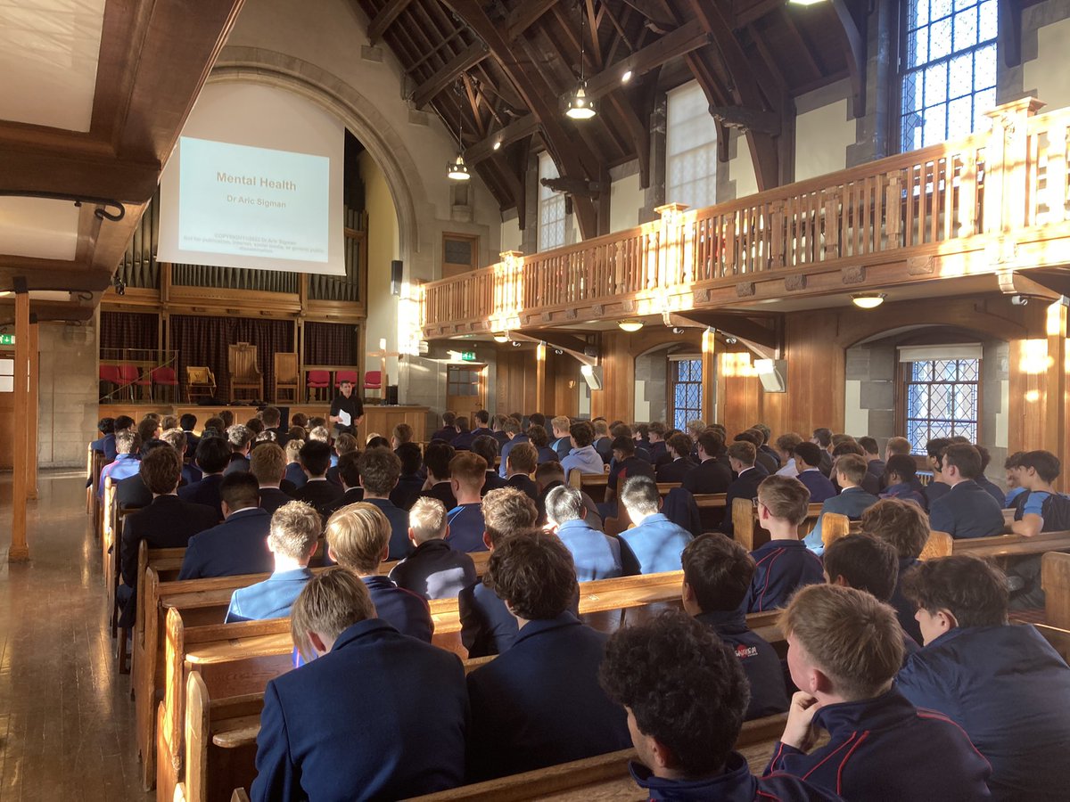 Fantastic to host Dr Aric Sigman this afternoon in the Memorial Hall. He spoke with our V &amp; VI Form about strategies to protect your mental health. #WellbeingWednesday #MentalHealthAwareness