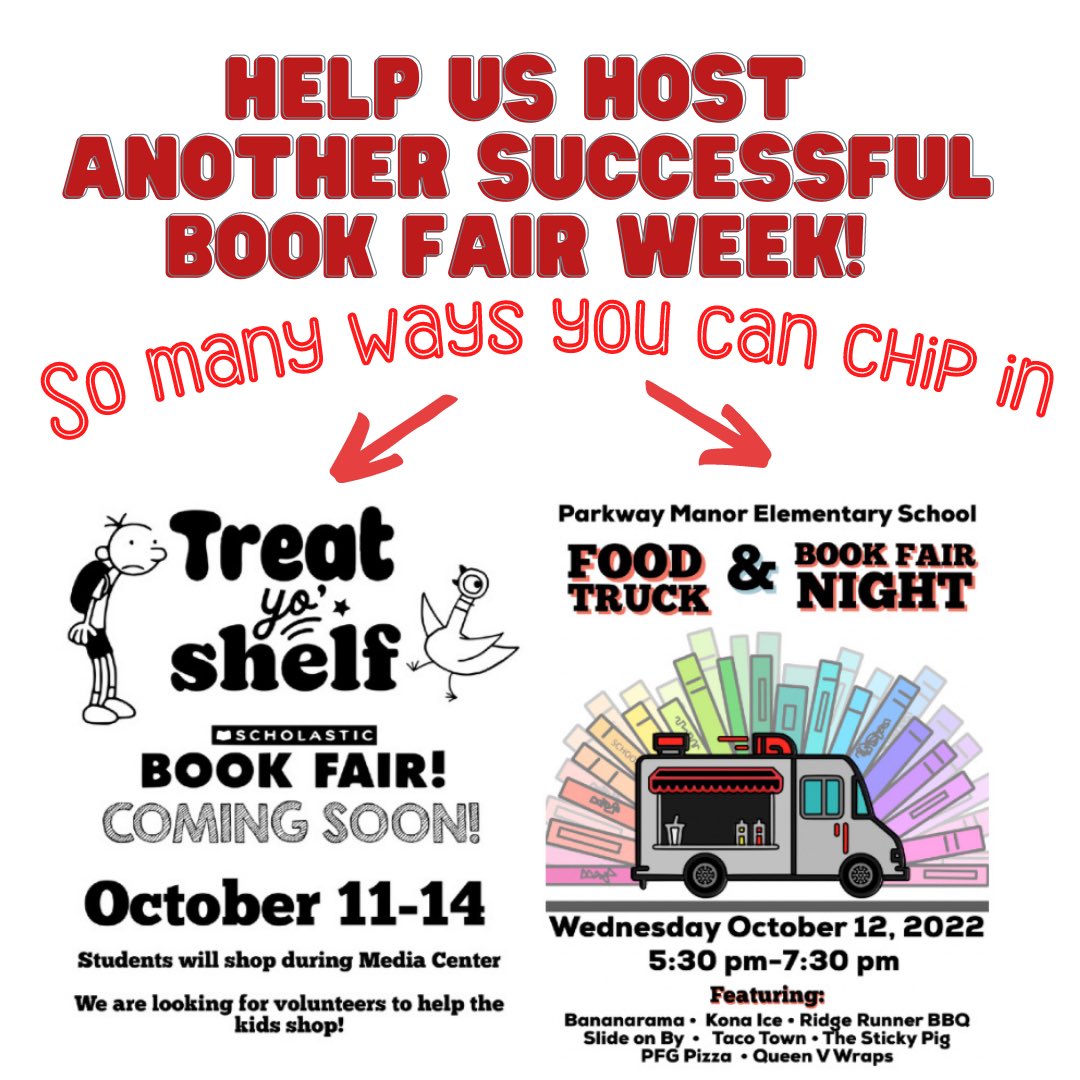 We are looking for volunteers + donations throughout next week’s Book Fair! Link to the PTO Sign Up Genius in your weekly email.📚🐾#ParkwayManorPathers