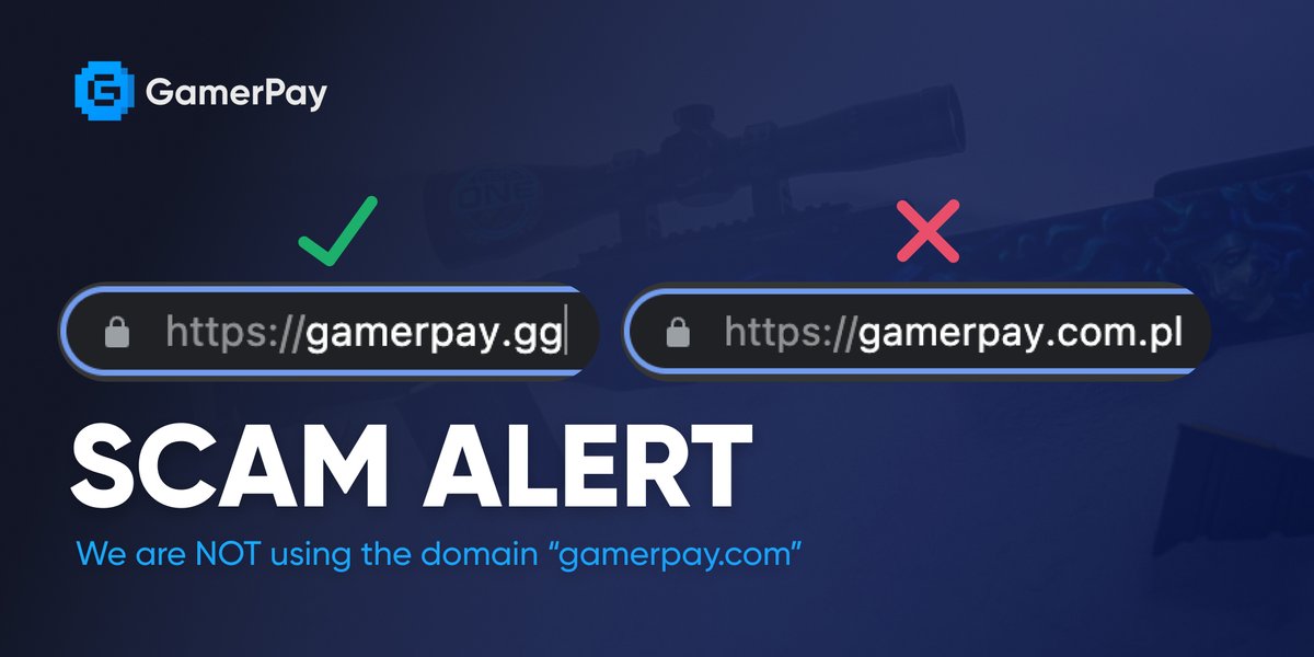 ⚠️ SCAM ALERT! ⚠️
We found some phishing sites: 
https://gamerpay.]com.]pl
https://gamerpay.]eu.]com

These sites have NOTHING to do with GamerPay.

ALWAYS only use our site via the URL "gamerpay.gg"

Please share this, especially if you are of Polish origin.

Thanks.