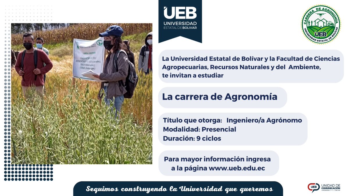 ueboficial_ec's tweet photo. Carrera Agronomía🏦FacAgropecuarias,invita a estudiar esta profesión,q permitirá innovar el desarrollo en el agro y contribuir al mejoramiento d la calidad d vida d la sociedad,mediante procesos d investigación e innovación tecnológica,para elevar la productividad y la sinergia. https://t.co/Jn1CbDWNr2