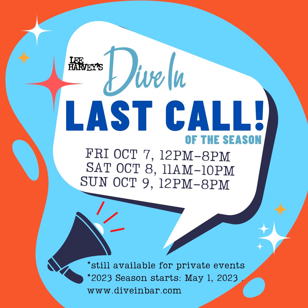 #LeeHarveysDiveIn #SwimClub 
Oct 7, 12p-8p
Oct 8, 11a-10p
Oct 9, 12p-8p
diveinbar.com
*Still available for private events
*2023 Swimming Season starts May 1

❤️ THANK YOU to everyone who made this yr a fantastic summer in the Cedars @ Lee Harvey's Dive In 
#cedarsdallas