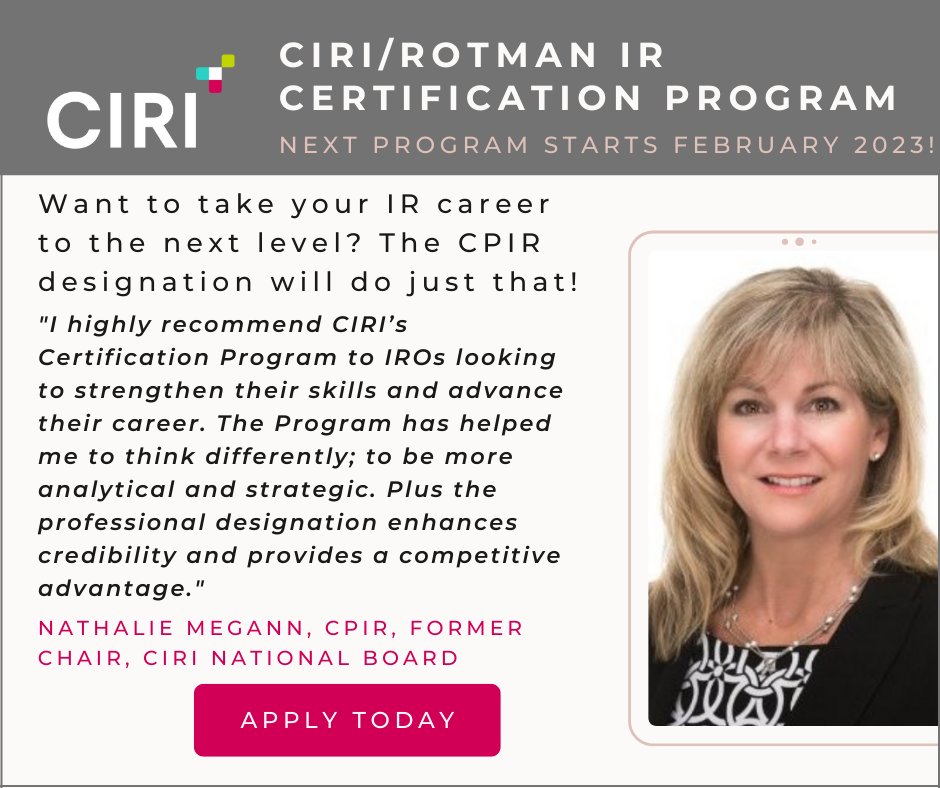 CIRINational's tweet image. Take your IR career to the next level by advancing your IR knowledge and skills as a #CPIR. Apply for the CIRI/@rotmanschool IR Certification Program lnkd.in/g9f4Rv73. Applications for February 2023 are open until 10/31. 
#CIRI2022 #IRchat #CIRICertified #lifelonglearning
