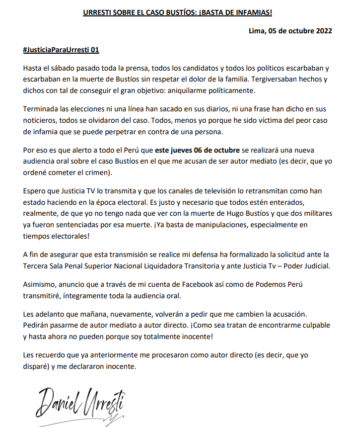 DanielUrresti1's tweet photo. Hasta el sábado toda la prensa, los candidatos y los políticos escarbaban y escarbaban en la muerte de Bustíos sin respetar el dolor de la familia. Tergiversaban hechos y dichos con tal de conseguir el gran objetivo: aniquilarme políticamente. (1/3)
#JusticiaParaUrresti https://t.co/WbAMtgsCES