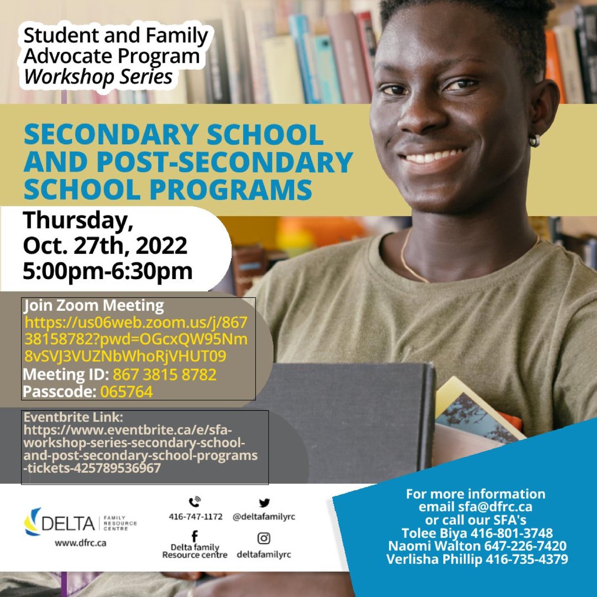 DeltaFamilyRC's tweet photo. 🔅Happy Wednesday! 
The SFA program will be hosting their monthly workshop series this month on Thursday, October 27, 2022, from 
5:00 pm - 6:30 pm. 
Feel free to email sfa@dfrc.ca if you have any questions
#community
#programsforyouth 
#guidancecounselor 
#schooltransition https://t.co/KZc5ZTQcFO