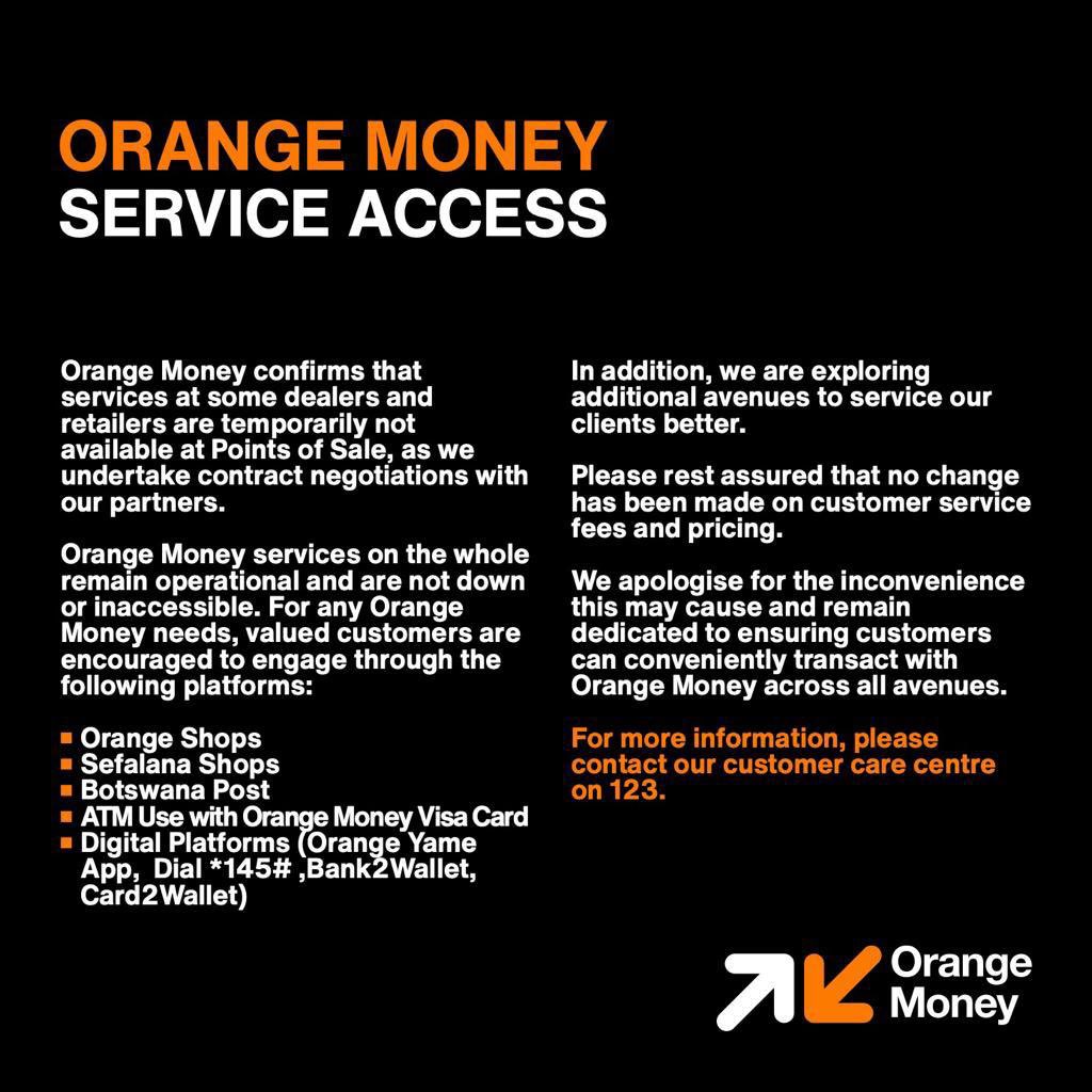 LepataMafa's tweet photo. All Sefalana Shops, Botswana Post and Orange shops providing all Orange Money services. https://t.co/BUChuBIFvA