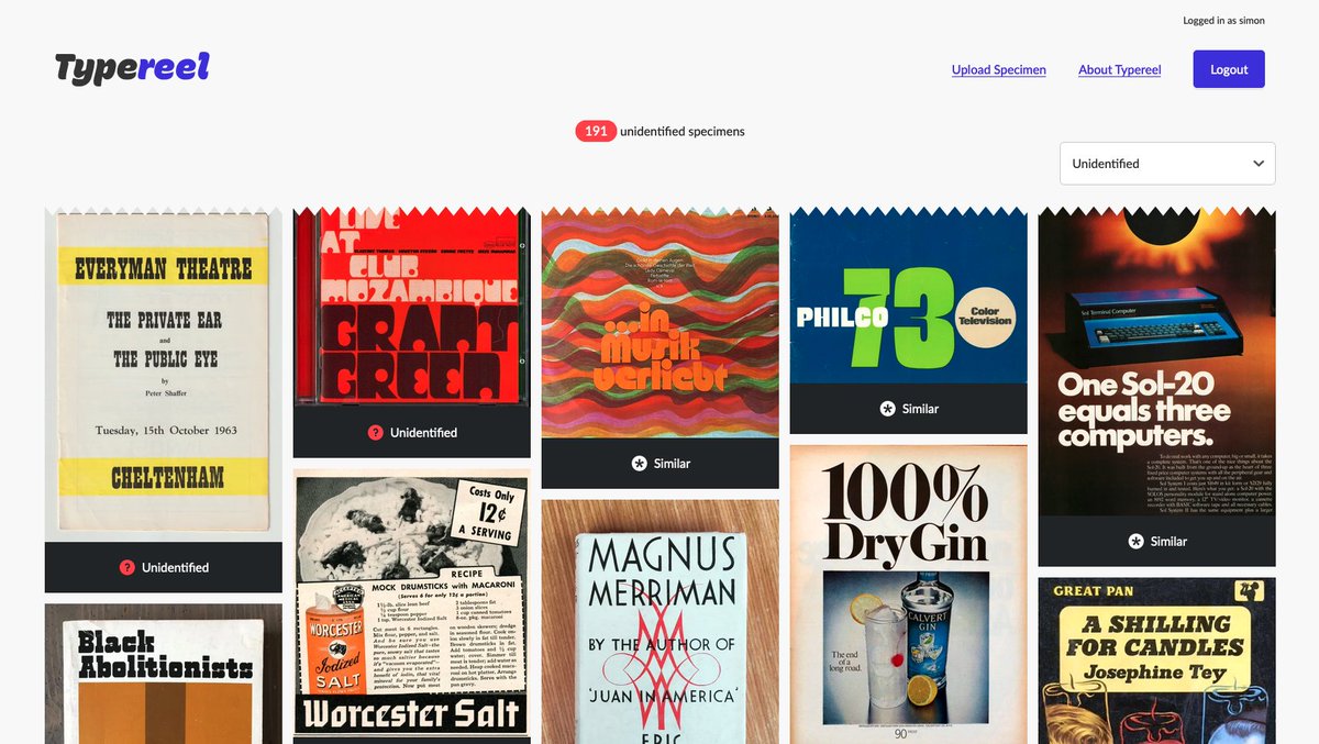 Typereel's font id reel can now be filtered by identified or unidentified specimens. If you have a keen eye for identifying type, have at it!

typereel.io/specimens?view…