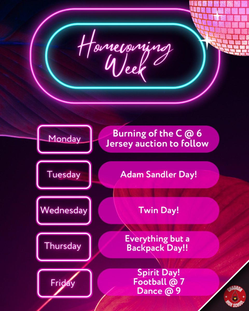 ChadronHS's tweet photo. Homecoming Week October 10-14th!  Disco Neon Theme! 
Friday Schedule: 
2:30 Pep Rally
6:30 Football Parents Night
7:00 Football Game vs Alliance
Halftime - Coronation and XC Parents Night
9:00 Dance https://t.co/PWsvrxUsbH