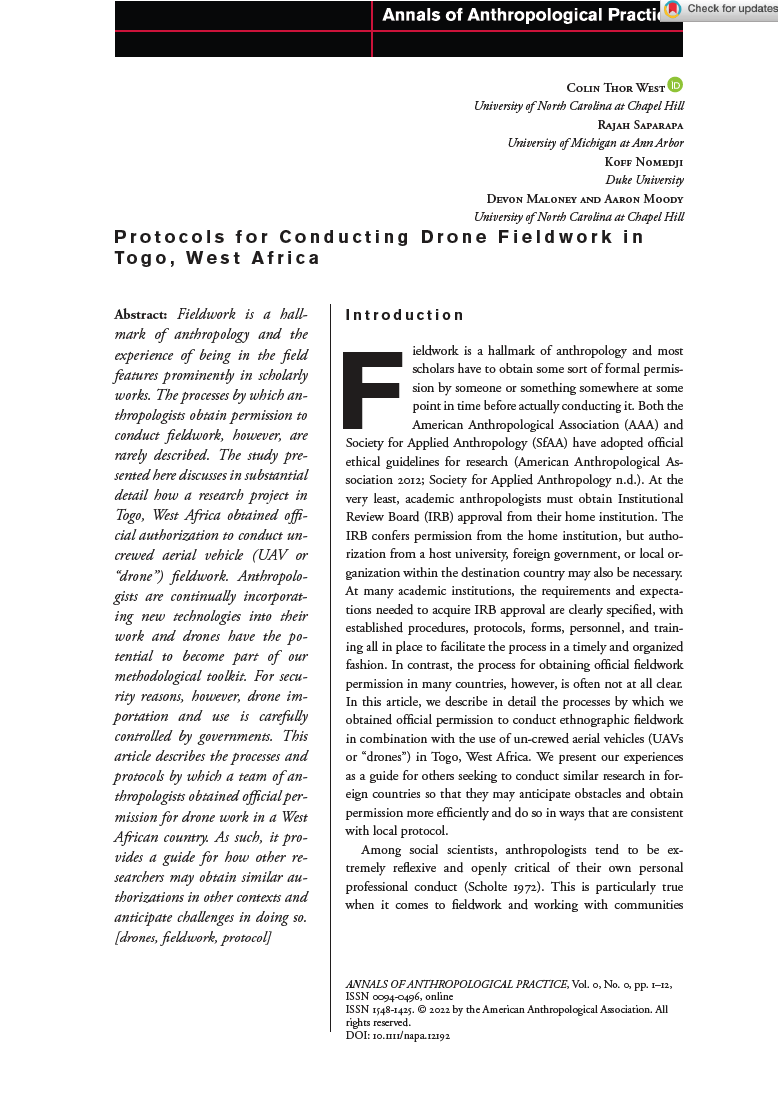 devon_maloney's tweet photo. We just published an article on navigating bureaucracies to conduct field work with drones in Togo! Check it out in the Annals of Anthropological Practice 🌎 @geographyunc #droneremotesensing https://t.co/OaGGJEiU2N
