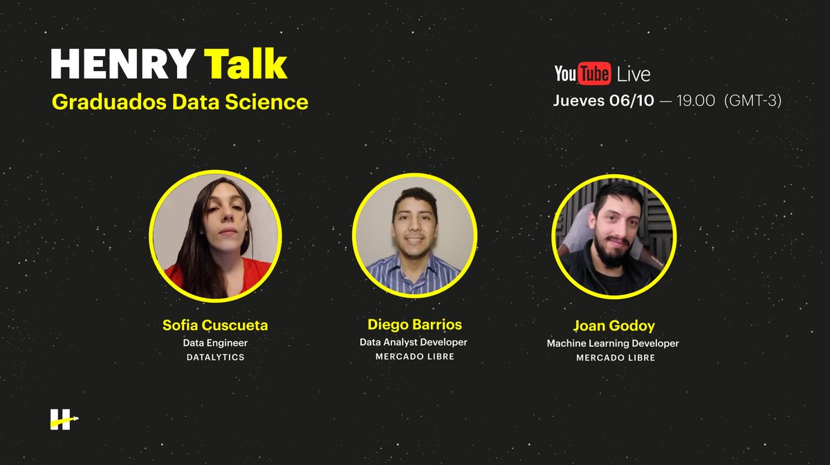 soyhenry_ok's tweet photo. ¡HENRY TALK con graduados Data Science! 🚀👩🚀💥
👾 Súmate a una sesión en vivo con graduados que están trabajando en empresas como @Mercadolibre y @DatalyticsBI.
🗓️ Jueves 6/10
19 h 🇦🇷
17 h 🇲🇽🇨🇴🇵🇪
📺 En vivo por YouTube ⤵️
https://t.co/OWJIus37hq
#SoyHenry #HenryTalk https://t.co/vVZKDrlmJh