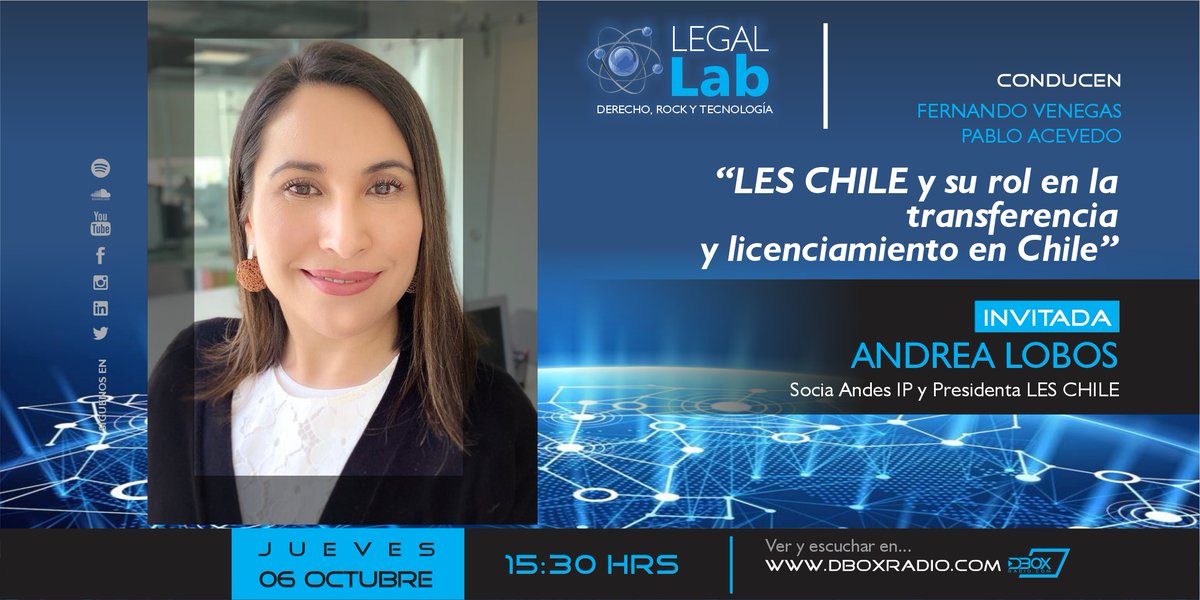 dboxradio's tweet photo. No te pierdas un nuevo capítulo de LegalLab
conversaremos con 𝗔𝗻𝗱𝗿𝗲𝗮 𝗟𝗼𝗯𝗼𝘀
Socia Andes IP y Presidenta LES CHILE
🙋@pacevedoa @fvenegasc @RedGTChile @KnowHubChile @anidinforma
#legallab #tecnologia #innovacion #ciencia #emprendimiento #dboxradio https://t.co/95PGQlydvp