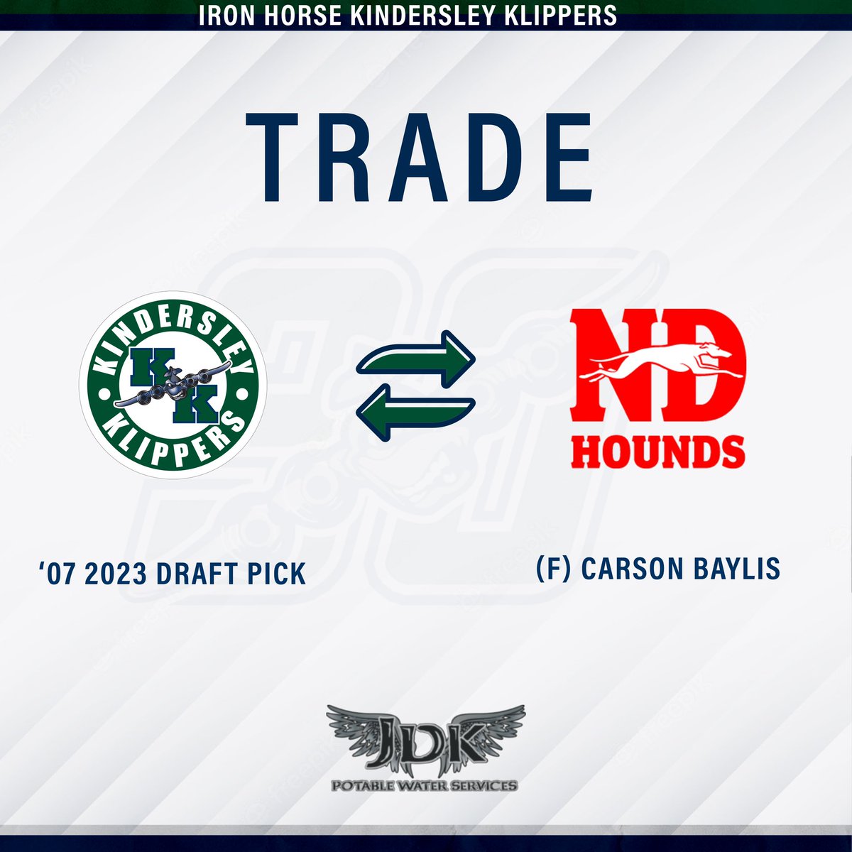 KlippersHockey's tweet photo. π¨π:
The Iron Horse Kindersley Klippers have traded forward Carson Baylis to the @ndjrahounds in exchange for a β07 2023 Draft Pick.
Thank you for your time in Kindersley, Carson. All the best moving forward!
#SJHLTransaction | #KlippersHockey https://t.co/x7i3NPnyKG