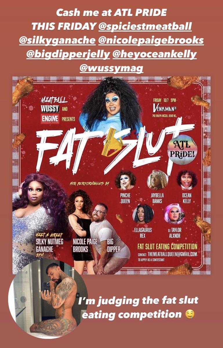 ATL PRIDE im Cummin for you 
Judging 👨🏽‍⚖️🧑🏾‍⚖️👩🏽‍⚖️
the #FatSlut eating competition 
This Friday Oct 7th  <a href="/VenkmansATL/">Venkman's</a> 

With <a href="/fatdragmeatball/">Meatball</a> <a href="/BigDipperJelly/">BIG DIPPER</a> <a href="/SilkyGanache/">Silky “Cancel Student Loans” Ganache</a> <a href="/heyoceankelly/">Ocean Kelly</a> <a href="/wussymag/">Wussy Mag</a>