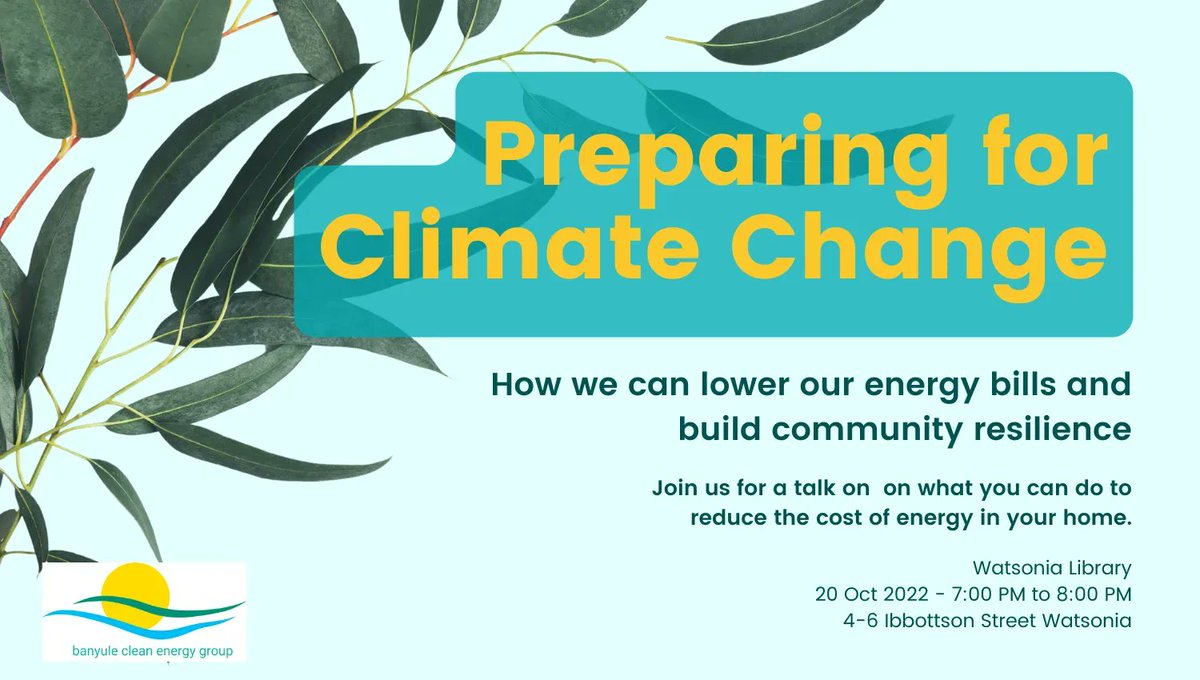CleanBanyule's tweet image. Just two weeks until our talk on preparing for the future. Come along to learn how you can make a difference in an affordable, achievable way.

It's FREE but please book at buff.ly/3y96TpJ

20 Oct 2022 - 7:00 PM to 8:00 PM
Watsonia Library, 4-6 Ibbottson Street, Watsonia