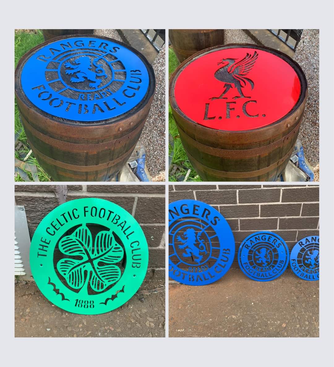 Examples of CNC machine cut football badges perfect for barrel tops or signage for mancaves! #rangersfc #celticfc #liverpool #football #crest #cnc #cncplasma #cut #sign #plaque #silhouette #badge #rangers #hearts #artistic #edinburgh #stirling #falkirk #dunfermline #fife #alloa