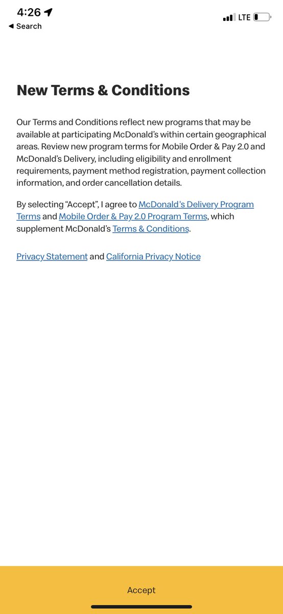 canahataa's tweet photo. @McDonalds your app doesn’t allow me to click accept i haven’t been able to use it for over a week…. its messed up programming https://t.co/t0PqjTnM5r