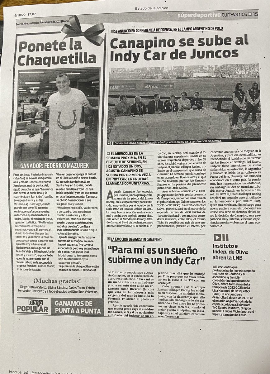 Y vos que lees? Suple deportivo #diariopopular ⁦@AgustinCanapino⁩ ⁦@ricardojuncos⁩ ⁦@juncosracing⁩ Se prueban en ⁦@AutodromoBA⁩ 5/6-11 gran evento ⁦@prensatn⁩ y luego ⁦@circuitotermas⁩