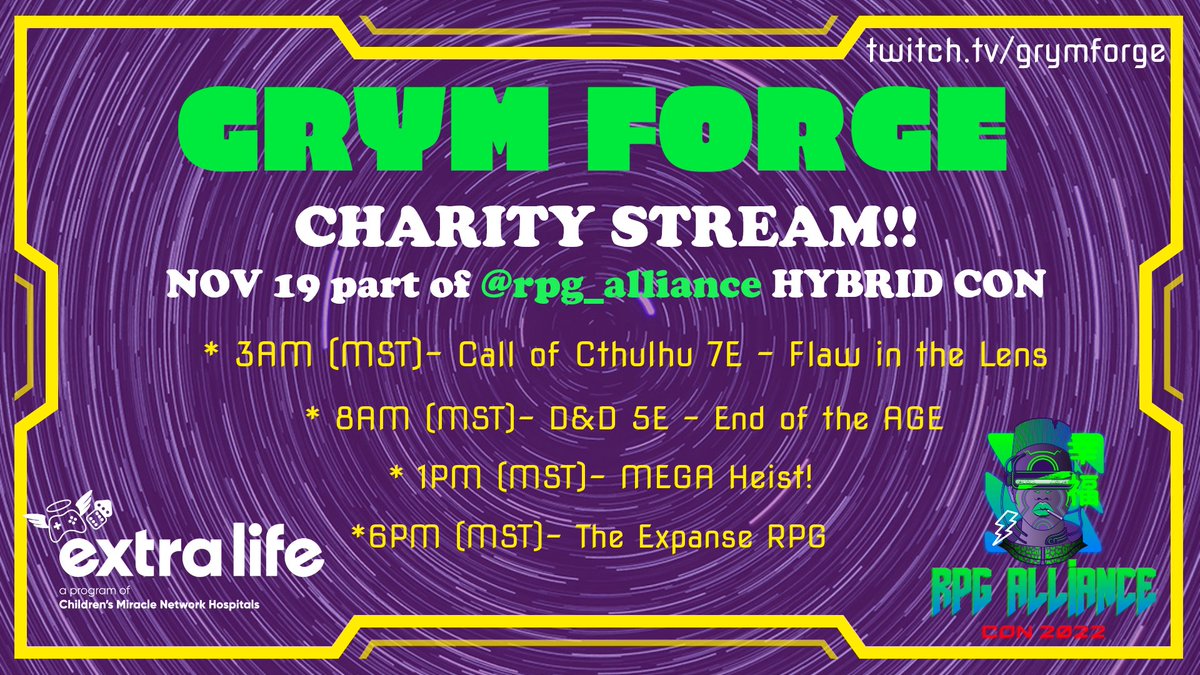 HUGE NEWS!!
As part of our 2022 HYBRID CON <a href="/GrymForge/">GrymForge</a> is running a CHARITY STREAM of 19 HOURS! 4 Games! 1 Charity -> <a href="/ExtraLife4Kids/">Extra Life</a> !
 Details here:
tabletop.events/conventions/rp…
Featuring The Expanse RPG by <a href="/GreenRoninPub/">Green Ronin Publishing</a> &amp; Call of Cthulhu 7E by <a href="/Chaosium_Inc/">Chaosium</a>  #tabletopgaming #rpgs
