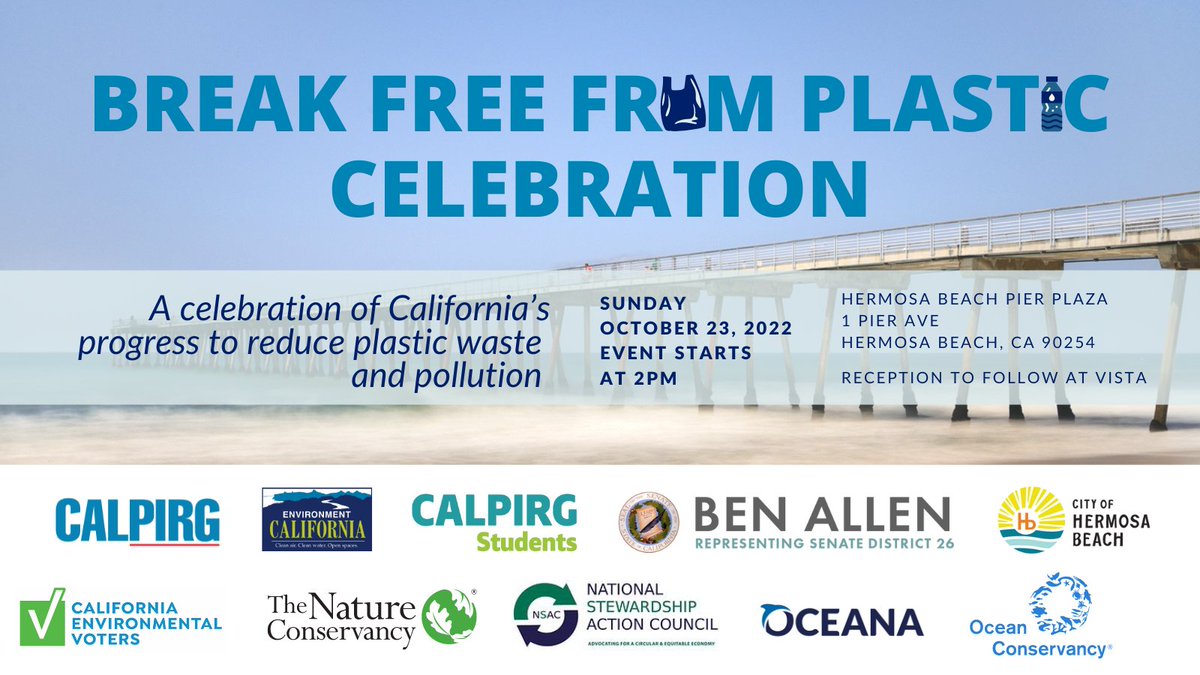 CALPIRG's tweet photo. This year CA took sweeping action to reduce plastic pollution with #SB54. Join @CALPIRG, @BenAllenCA @SenBobHertzberg @AsmMuratsuchi @AsmLuzRivas and others to celebrate this achievement for our ocean and communities. RSVP for the celebration Oct 23rd. https://t.co/zK0whwZbfd https://t.co/8IsSvVq52q