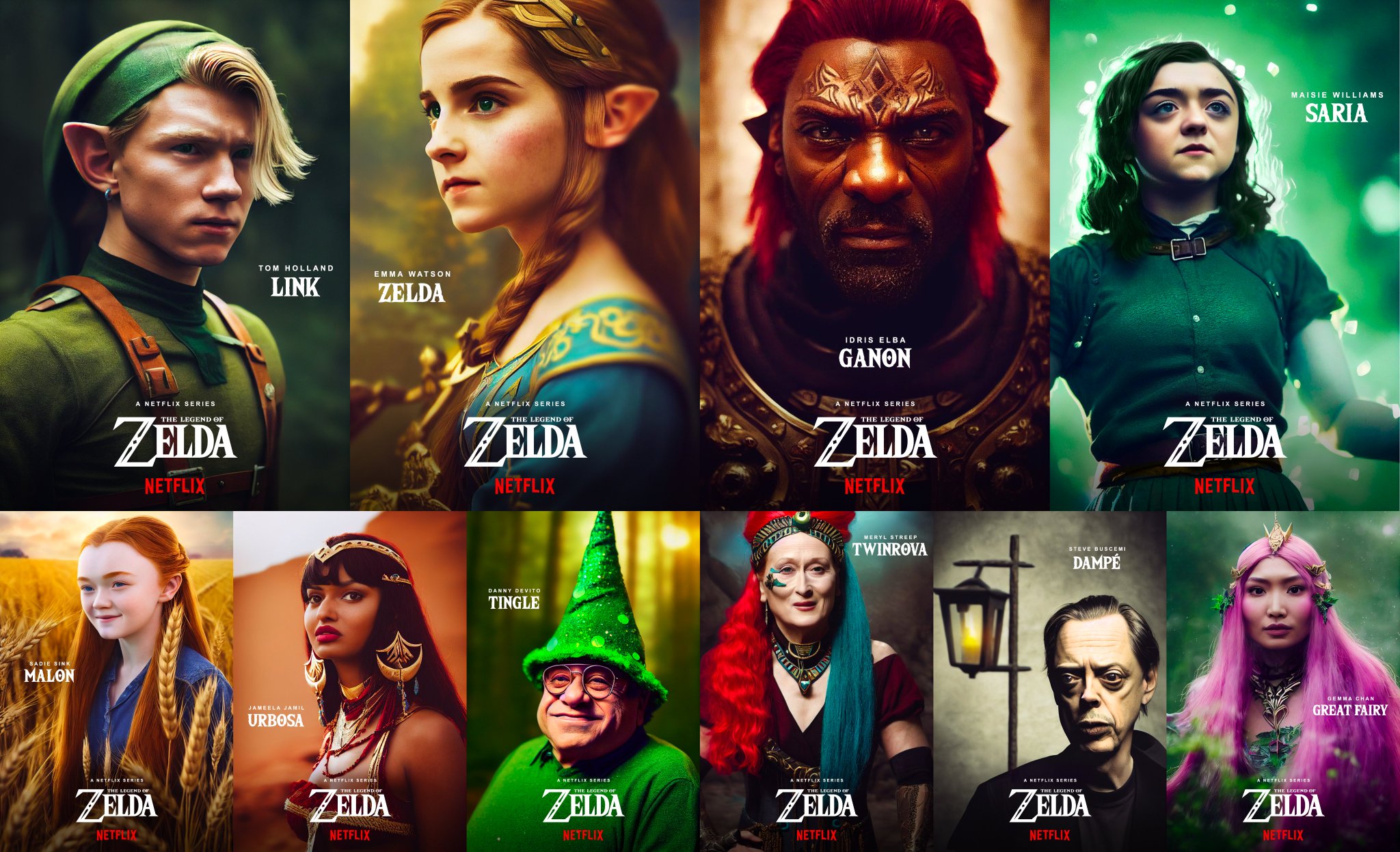 Dan Leveille on X: The full cast of @Netflix's live-action #Zelda series  just dropped, revealing an all-star cast starring @TomHolland1996,  @EmmaWatson, and @idriselba! 😱 Full posters in thread 👇 (JK. Made w/ #