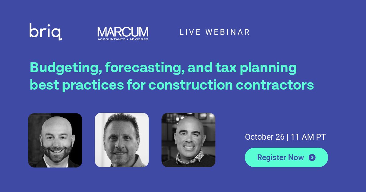 Learn the best financial practices from construction finance experts. Join our live webinar with Briq CEO and Co-founder Bassem Hamdy, and construction finance experts Chuck Schwartz and Dan Mauriello from Marcum LLP.

briq.com/webinars/budge…
