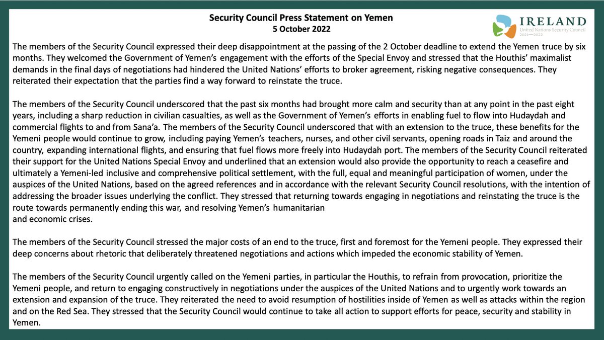 Today #UNSC expressed deep disappointment that the #Yemen truce was not extended on 2 Oct.

The #UNSC called on parties, particularly the Houthis, to:
🔹return to negotiations to reinstate the truce;
🔹refrain from provocation &amp; put the needs of Yemenis first.

Press statement👇