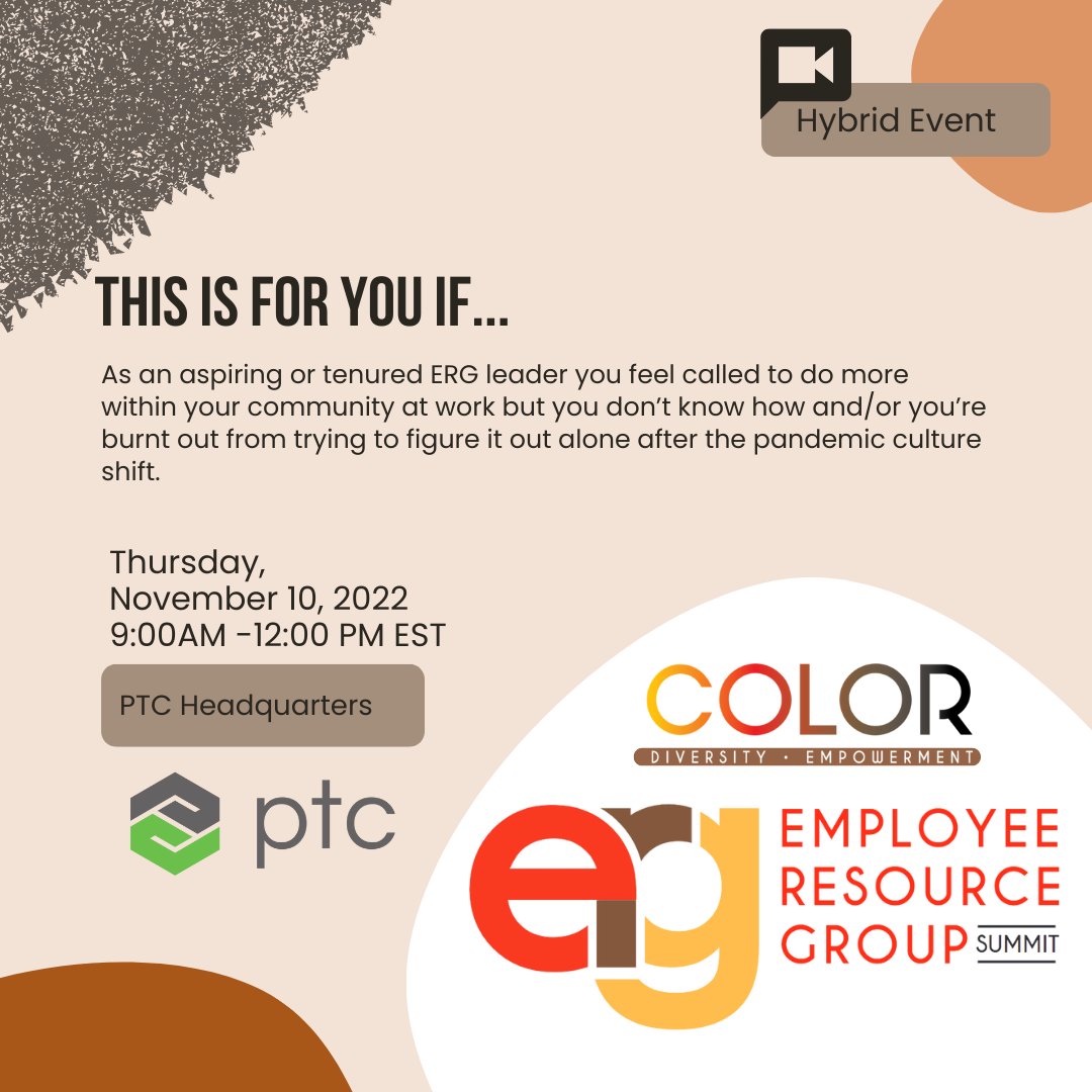 Attention #ERG Leaders! COLOR and PTC are hosting the next must-attend conference: The #EmployeeResourceGroup Summit! Join us on November 10th in Boston's beautiful seaport district or via Livestream!

colormagazine.com/erg-summit-202…