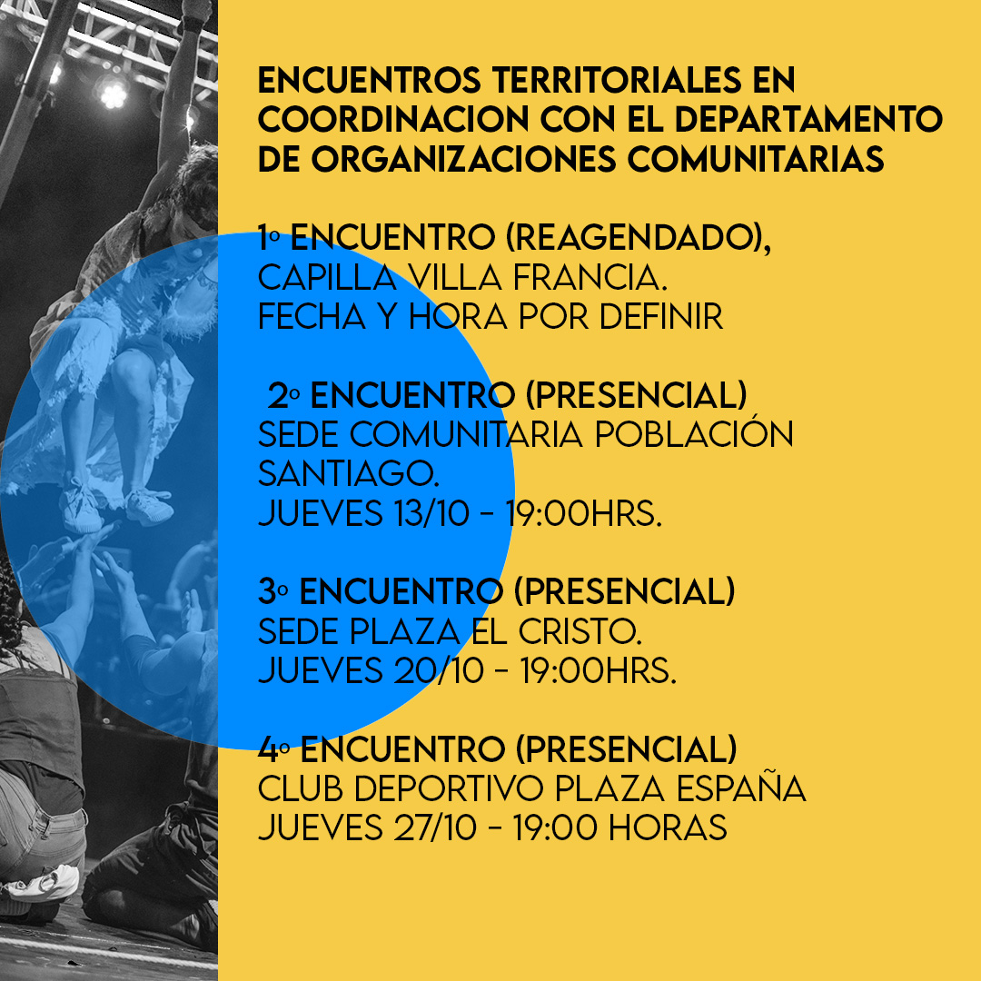 ATENCIÓN CON EL PRIMER ENCUENTRO:

Debido a motivos de fuerza mayor, reagendaremos el primer encuentro territorial.

Pronto más información. El resto de las fechas se mantiene vigentes.

¡Se parte de nuestro Plan Municipal de Cultura!