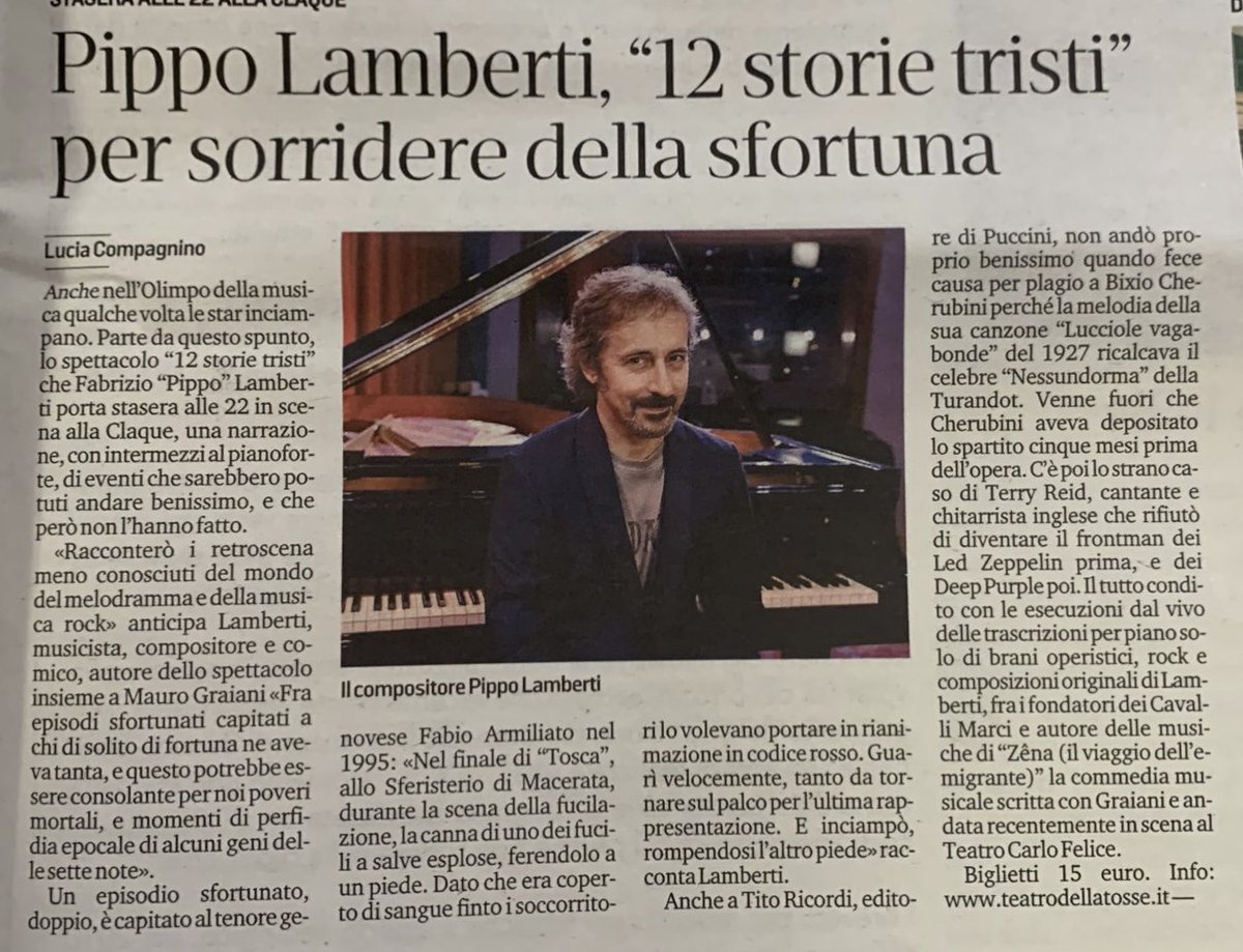 PippoLamberti's tweet photo. Un appuntamento mensile presso LaClaque. Prima data 4/11,seconda 2/12.Il titolo completo nuovo sarà:RIDI PAGLIACCIO-12 storie tristi. Disastri ed imprevisti esilaranti avvenuti sui palchi nobili di tutto il mondo.#music #musicadalvivo #storytelling #melodramma #soundtrack https://t.co/pHvxpTmqrG