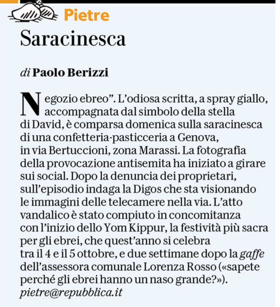 "Negozio ebreo". L'infame scritta antisemita sulla saracinesca di una confetteria di Genova. Anni '30? No, domenica scorsa. 

#Pietre
<a href="/repubblica/">Repubblica</a>