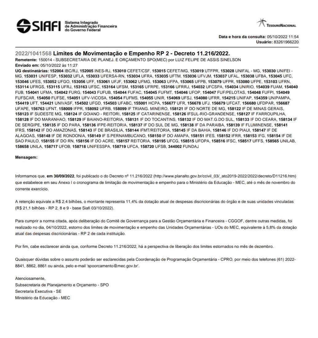 updatecharts's tweet image. Governo Federal confisca saldo dos institutos e universidades federais, impossibilitando o pagamento de contas básicas.