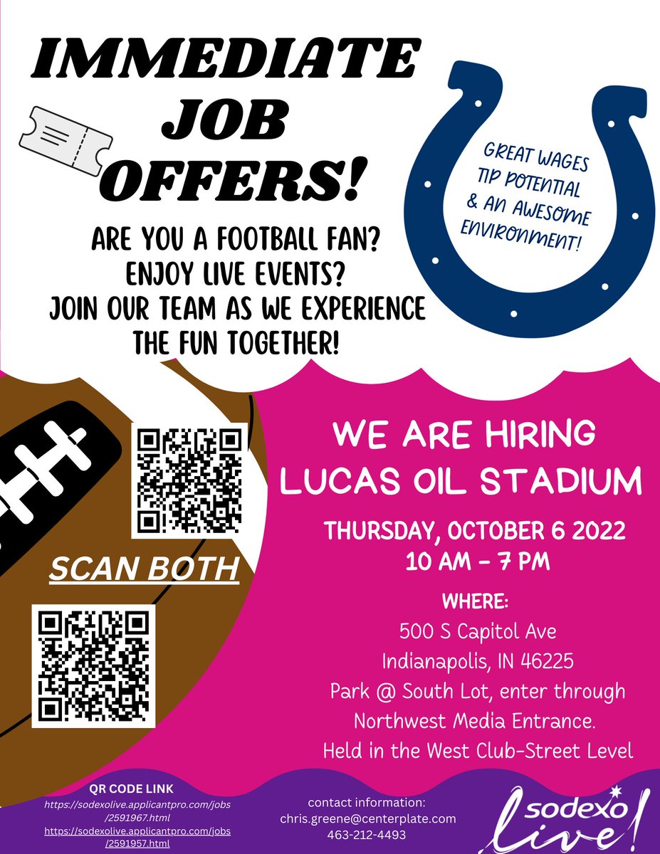 Want to join the team that helps make our events happen? Our food and beverage partner, @sodexoUSA, is hiring! Visit their job fair Thursday, October 6th, 10am - 7pm. More details ⬇️