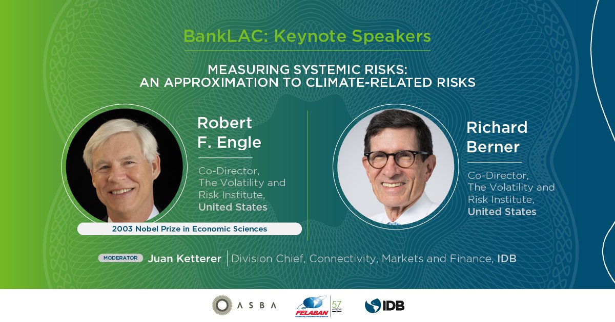 FintechLAC (@fintechlac) on Twitter photo #BankLAC2022 (October 11-12, 10 am EDT)
Our #keynote speakers <a href="/NobelPrize/">The Nobel Prize</a> <a href="/Prof_RobEngle/">Robert F. Engle</a> and Dick Berner, from <a href="/NYU_VRI/">Volatility and Risk Institute</a>, will present results for #ClimateRelatedRisks and #SystemicRisk on the #FinancialSystem for #LatinAmerica and the #Caribbean REGISTER: bit.ly/3S3pSJB #BankLAC2022 (October 11-12, 10 am EDT)
Our #keynote speakers <a href="/NobelPrize/">The Nobel Prize</a> <a href="/Prof_RobEngle/">Robert F. Engle</a> and Dick Berner, from <a href="/NYU_VRI/">Volatility and Risk Institute</a>, will present results for #ClimateRelatedRisks and #SystemicRisk on the #FinancialSystem for #LatinAmerica and the #Caribbean REGISTER: bit.ly/3S3pSJB