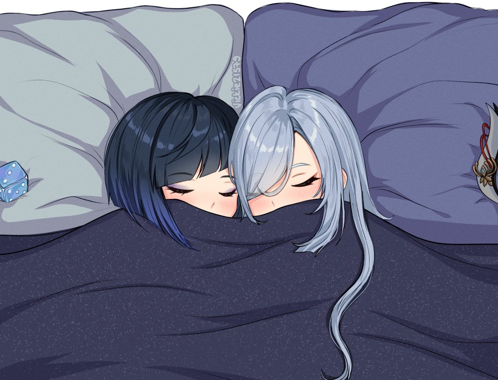 shenhe (genshin impact) ,yelan (genshin impact) multiple girls 2girls sleeping closed eyes yuri pillow blue hair  illustration images