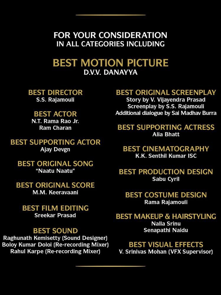 letscinema's tweet photo. BREAKING: The awards &amp; Oscars campaign for #RRRMovie is going for Best Picture, @ssrajamouli for Best Director, Best Actor (Jr NTR &amp; Ram Charan), Screenplay, Original Song, Score, Sound, Cinematography, Editing, Production Design, VFX, and more categories. Thoughts? 👇 https://t.co/Vh9mdXYml9