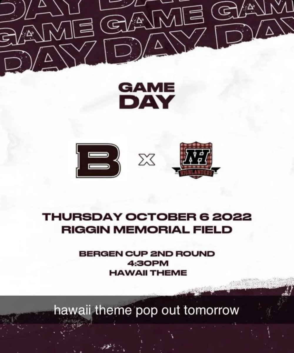 ATTENTION 🐾:
Make sure to pop out tomorrow in your Hawaiian clothes to Riggins Field @ 4:30 to watch the boy’s soccer team play against Northern Highlands!!
