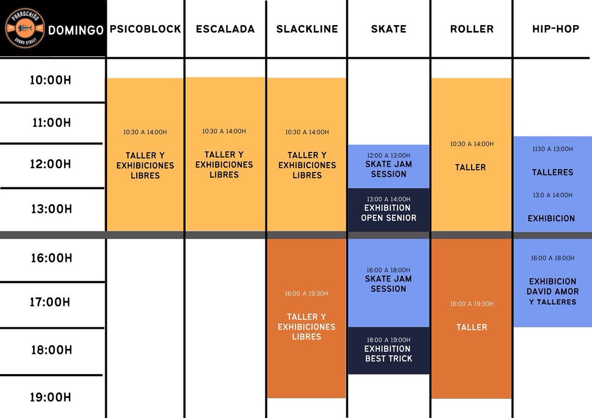 ⏰HORARIOS⏰
Ya tenemos los horarios para que podáis disfruta del espectáculo de las competiciones y de los talleres durante el fin de semana🤘🏽🤘🏽🤘🏽
