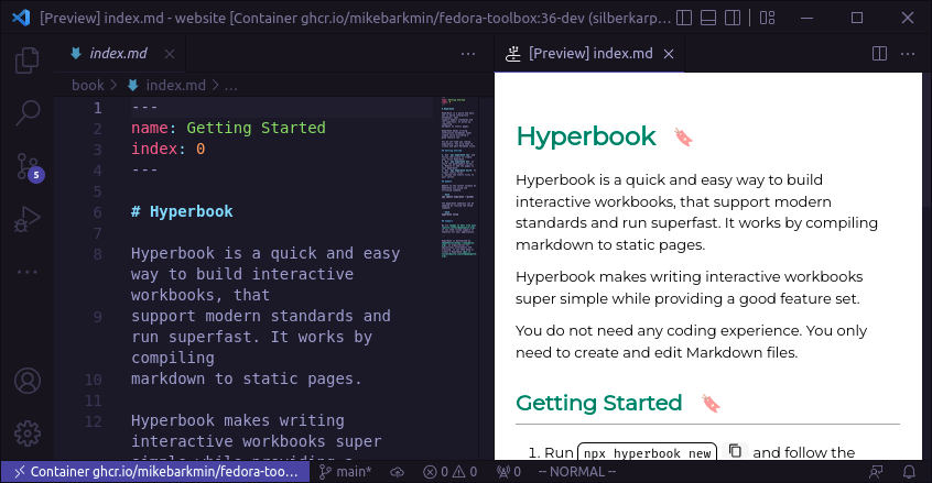 mikebarkmin's tweet photo. Jetzt kann ein #hyperbook mit der neuen VS Code Erweiterung geschrieben werden: https://t.co/d3SBnAnV3s
Live Vorschau ✅
Syntax Highlighting ✅
Snippets ✅
Autovervollständigung ✅
Interaktive Links ✅
Wer jetzt noch kein #hyperbook angefangen hat, hat keine Ausreden mehr 😎. https://t.co/qiddw4Dnf8