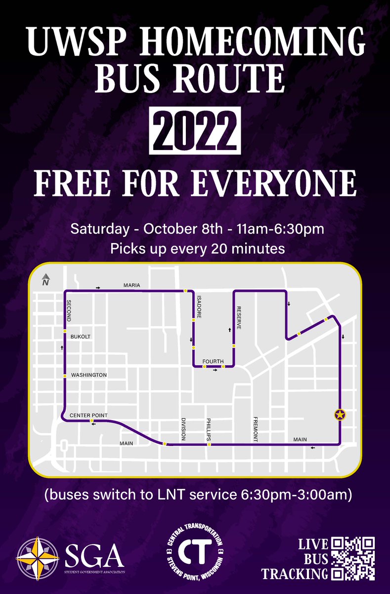 The City of Stevens Point Central Transportation will be providing FREE bus rides to Goerke Field on Oct. 8 from 11 a.m.-6:30 p.m. 🚍 Download the Passio GO app to track the bus LIVE. 👍 For more #UWSPHomecoming 2022 information, visit: bit.ly/3Eklanj. #UWSP