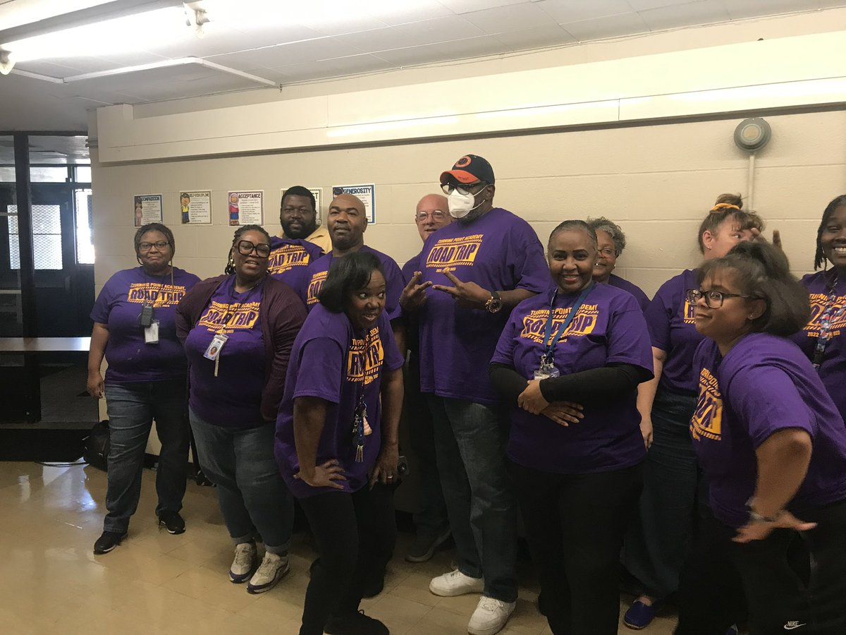 TPA_Detroit's tweet photo. No denying the TPA Staff 💜💜💜 their jobs! You can see the joy on their faces! We displayed unity with our student today by wearing school-wide shirts displaying our theme for the year, ROAD TRIP and all enjoyed a movie and lunch for count day! @Detroitk12 @Dr_Vitti https://t.co/V0PPcHesYt