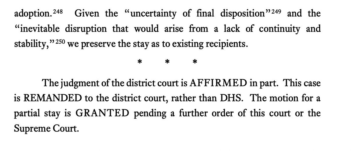 JUST IN: 5th Circ has issued its decision on the Deferred Action for Childhood Arrivals program. 

Lower court injunction is largely upheld, with the case sent back to the lower court to consider the DACA final rule. Also, program remains in place for existing DACA recipients.