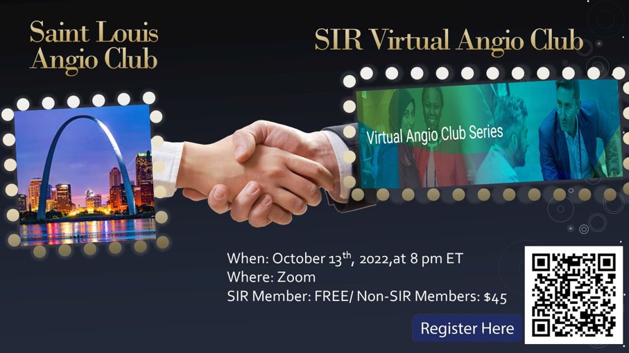 Calling all #IRad and future #IRad! The SIR Virtual AngioClub is only a week away. We are looking forward to exciting cases and discussion led the St Louis Angio Club

You can sign up using the QR code below or this link: bit.ly/3Rr0P2r

Help spread the word!