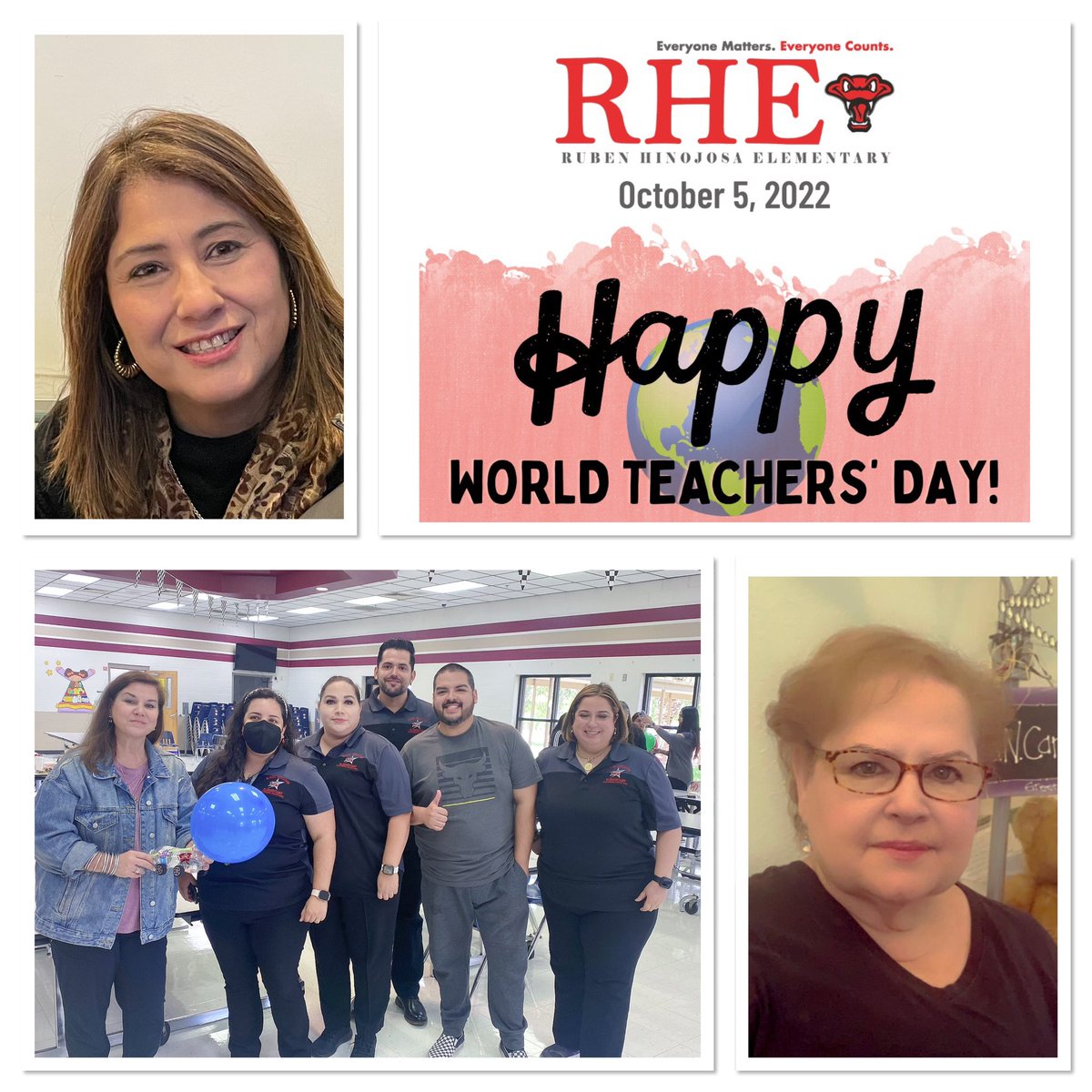 RHE_SISD's tweet photo. Happy World Teachers’ Day to the best teachers in the world!!! You make Ruben Hinojosa Elementary proud &amp; we are honored to have you teach our wonderful students. Thank you for your daily dedication &amp; for loving our students! #everyonematters #everyonecounts #WorldTeachersDay2022 https://t.co/uCqjKwfNRc