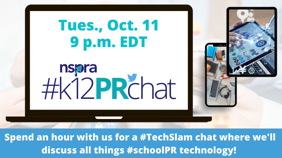 Ready for the next #k12PRchat? Us, too! Join us on Tues., Oct. 11, at 9 p.m. ET, for a #TechSlam chat where we'll discuss all things #schoolPR technology with special co-host <a href="/JPPrezz/">JP Prezzavento</a>!

Link to questions➡️bit.ly/3RyKwkk
