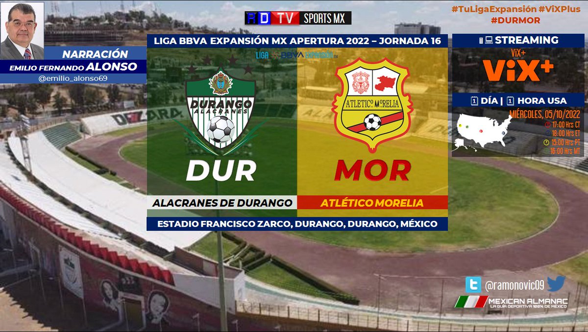 ramonovic09's tweet photo. 🇲🇽 #LigaBBVAExpansiónMX #A22 #Jornada16 | @AlacranesdDGO 🆚 @C_A_Morelia
#Durango #Morelia
🗓️ Hoy
🇺🇲 ⏰ 18:00 Hrs ET, 15:00 Hrs PT
📱💻 @ViX_plus #VixPlus
🎤 @emilio_alonso69
#TuLigaExpansión #ViXPlusStreaming #DURMOR https://t.co/WwicrGNnrc