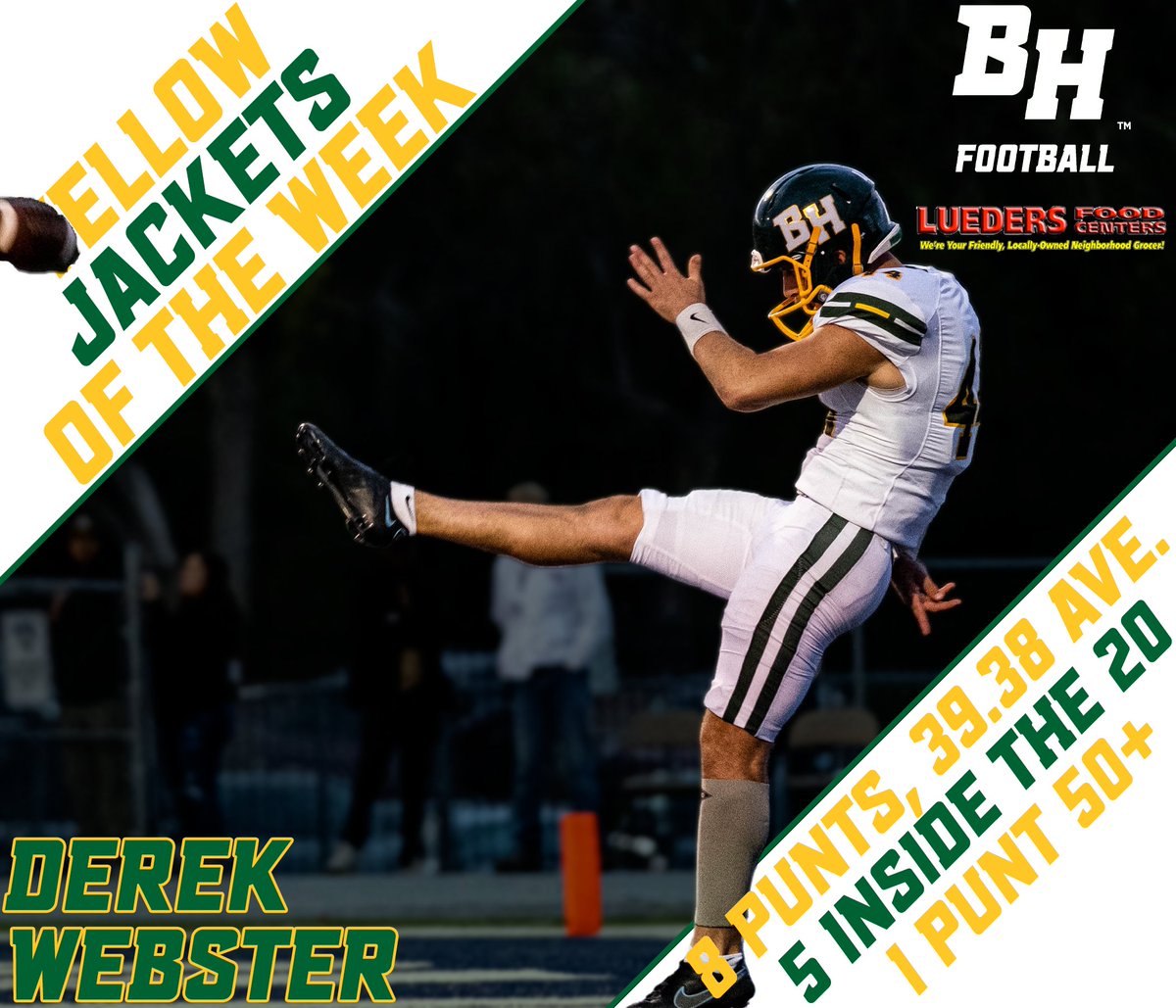 Our Men's Yellow Jacket of the Week, presented by Lueders, is Derek Webster!

In Saturday's 24-17 win over SDM, he booted eight punts for a league-high 313 yards. His long punt went 55 yards, and he pinned SDM inside their own 20-yard line 5 times!!

#ClimbTheHills