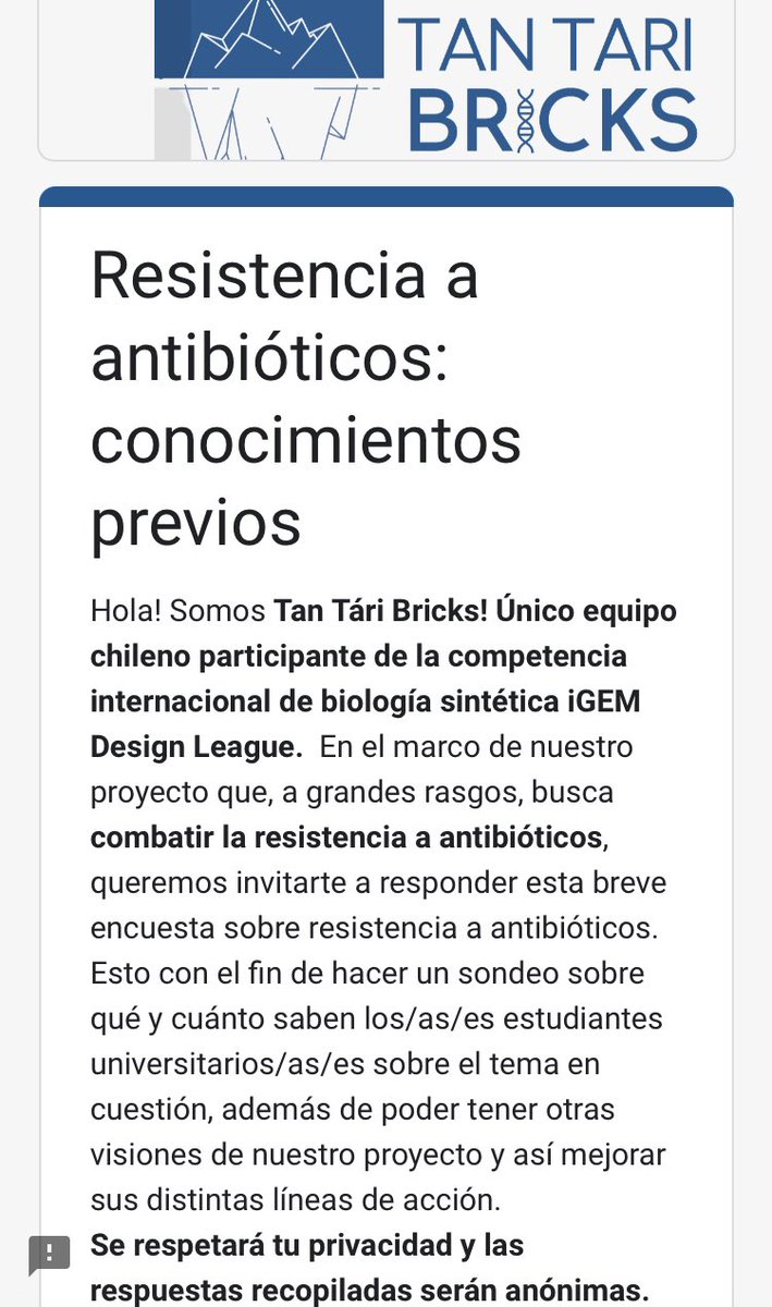 bioBlogia's tweet photo. Agradeceré si tiene 3 min de su preciado tiempo para ayudar a unos estudiantes chilenos en su participación en #iGEMDesignLeague y contestan esta encuesta sobre lo que sabe de la resistencia a los antibióticos https://t.co/zH7JDmBKhx https://t.co/bD0bp2Nmaf