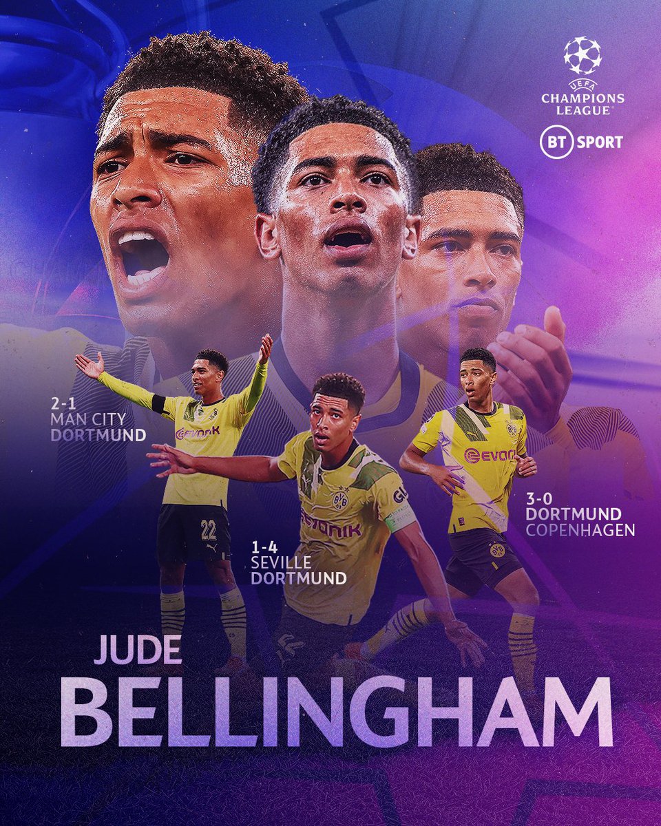 footballontnt's tweet photo. The first midfielder in #UCL history to score in three consecutive appearances while still a teenager... 

✨ Jude Bellingham ✨ https://t.co/TJlXNqm5y8