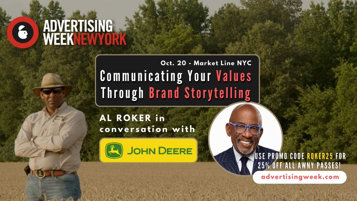 Al Roker Entertainment (@alrokerent) on Twitter photo .@AlRoker returns to <a href="/advertisingweek/">Advertising Week</a> NY 10/20 for a must-see session on communicating your values w/ our brand partner <a href="/JohnDeere/">John Deere USA</a> & sneak peek a forthcoming #socialimpact doc from <a href="/EternalPolk/">Eternal Polk</a> & ARE. Use code ROKER25 for 25% off all AWNY passes! Info/tix> newyork.advertisingweek.com/aw/schedule/se… .@AlRoker returns to <a href="/advertisingweek/">Advertising Week</a> NY 10/20 for a must-see session on communicating your values w/ our brand partner <a href="/JohnDeere/">John Deere USA</a> & sneak peek a forthcoming #socialimpact doc from <a href="/EternalPolk/">Eternal Polk</a> & ARE. Use code ROKER25 for 25% off all AWNY passes! Info/tix> newyork.advertisingweek.com/aw/schedule/se…